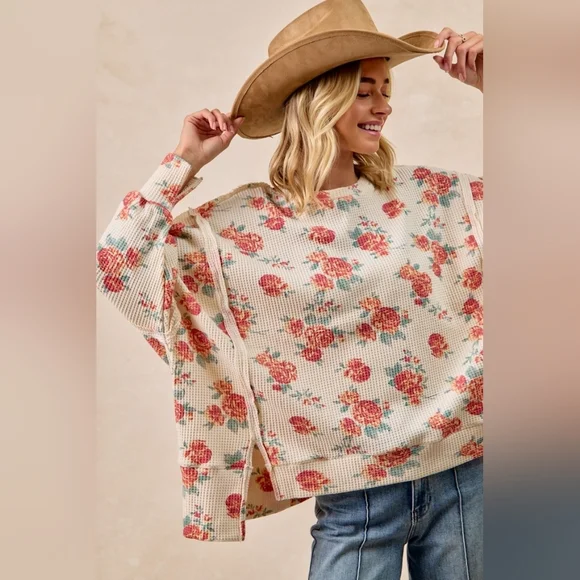 BiBi Floral Print Oversized Waffle Thermal Sweatshirt - Picture 8 of 10